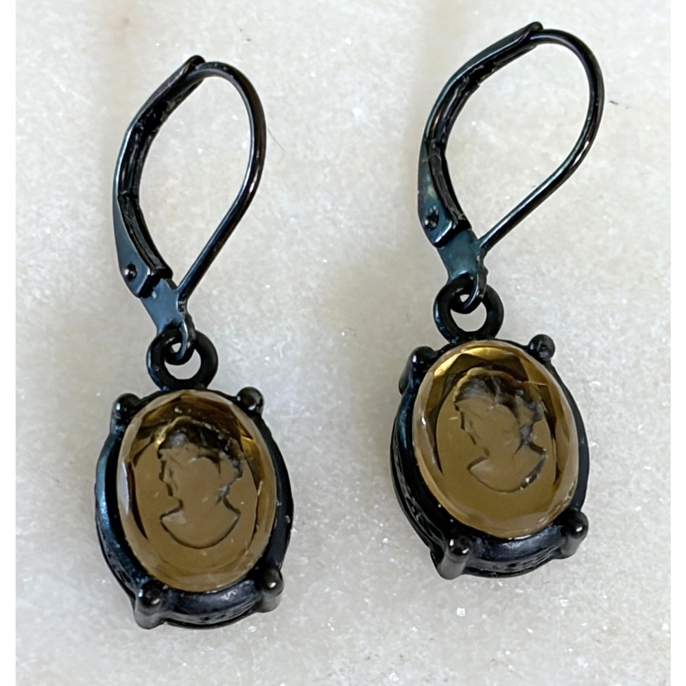 Extasia Signed Amber Bavarian Glass Intaglio Cameo Black Leverback Drop Earrings